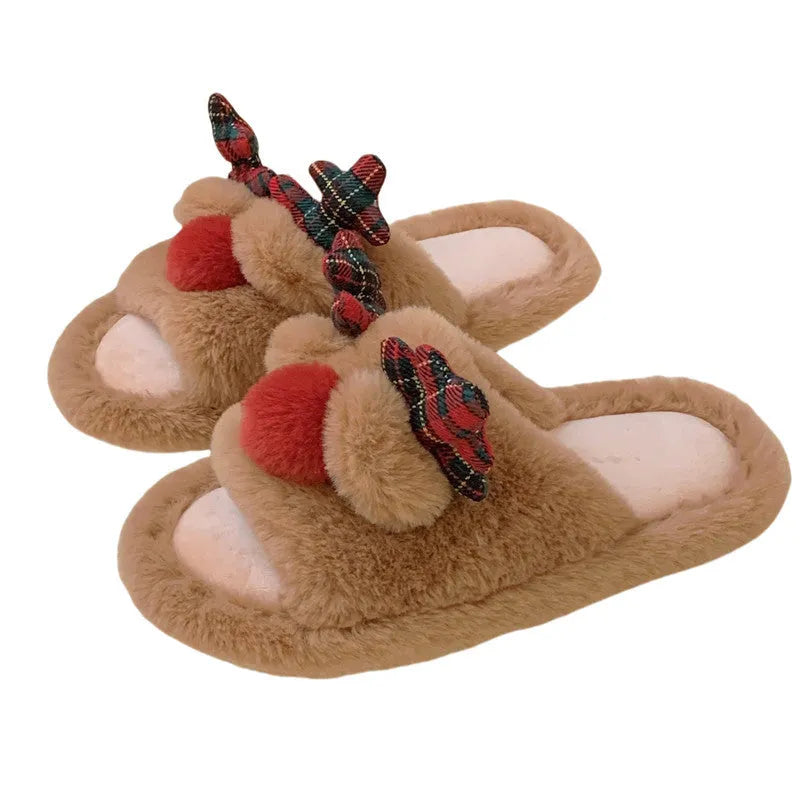 Brown women's cotton suede slippers with a cartoon deer print and PVC sole.