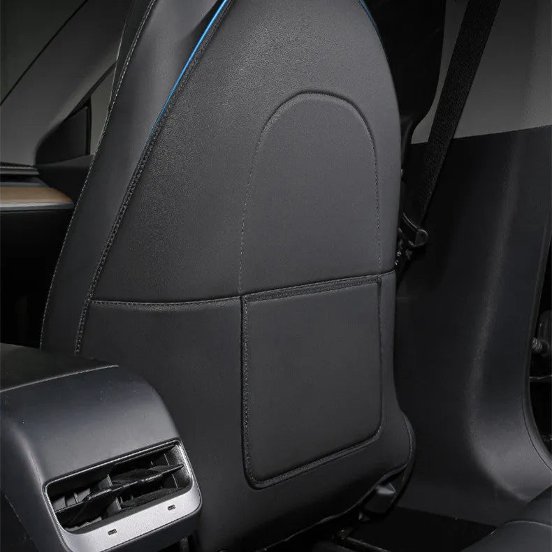Black leather rear anti-kick pad for motorbike seat, showing single-pocket style.