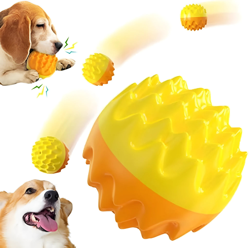 Blue or orange rubber dog ball with spiky surface for dental cleaning and squeaker inside