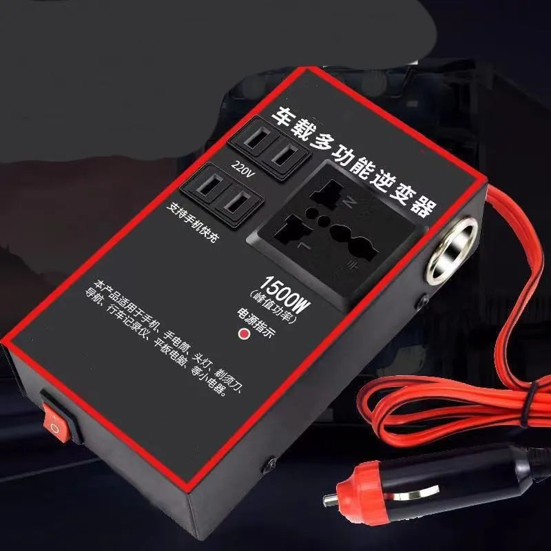 Black automotive power converter for 12V 24V to 220V conversion with USB charging ports