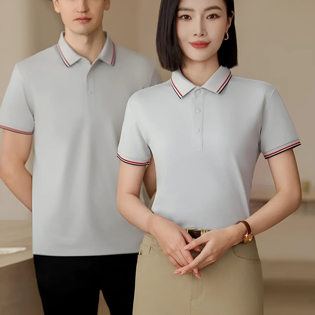Men's solid colour cotton lapel t-shirt on a hanger, showing short sleeves and straight fit.