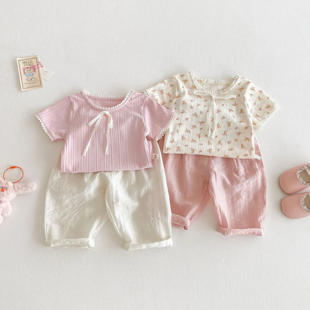 Girls' bow anti mosquito cotton trousers in cream beige, mid-waist casual style for height 100 cm