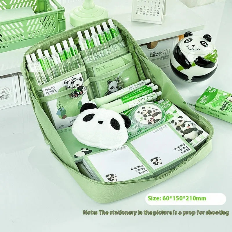 Green canvas 12 layer panda pencil case with large capacity for stationery organisation.