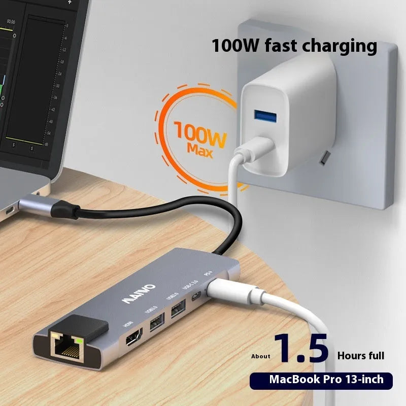 Aluminium Steam Deck docking station with HDMI, Ethernet, and USB ports on a 15cm cable.