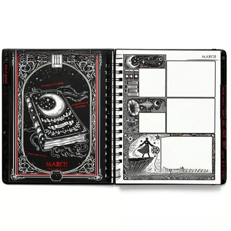 Wait For The Night 2026 weeks plan notepad with 100 pages, open to a weekly layout, next to a pen on a desk.