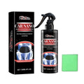 Car nano paint coating agent bottle and microfibre towel on car bonnet