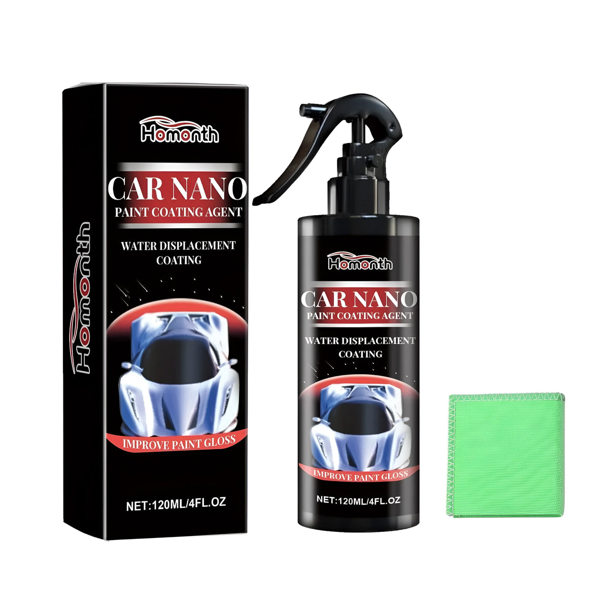 Car nano paint coating agent bottle and microfibre towel on car bonnet