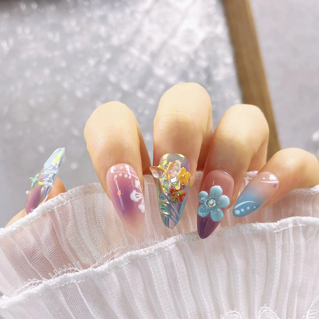 Handmade colourful embossed floral and butterfly nail art sculptures in sizes XS, S, M, L.