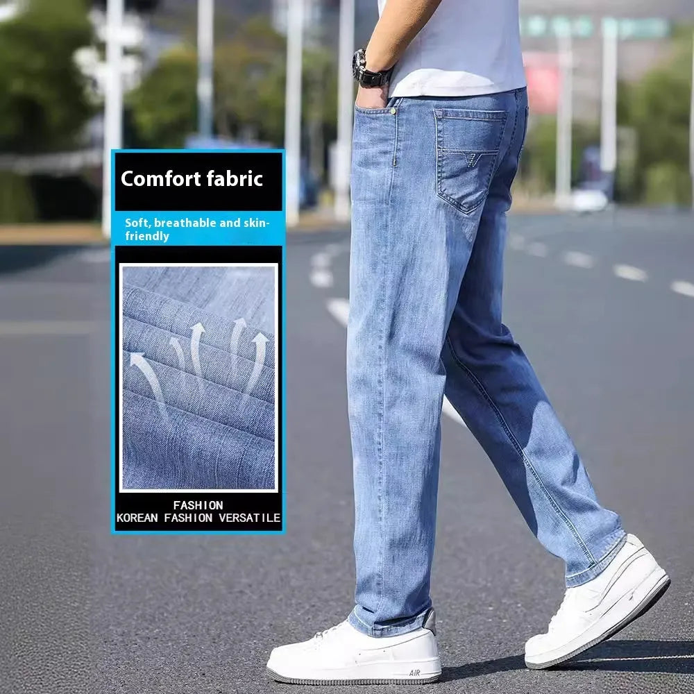 Tapered thin stretch denim trousers for business casual wear in light blue