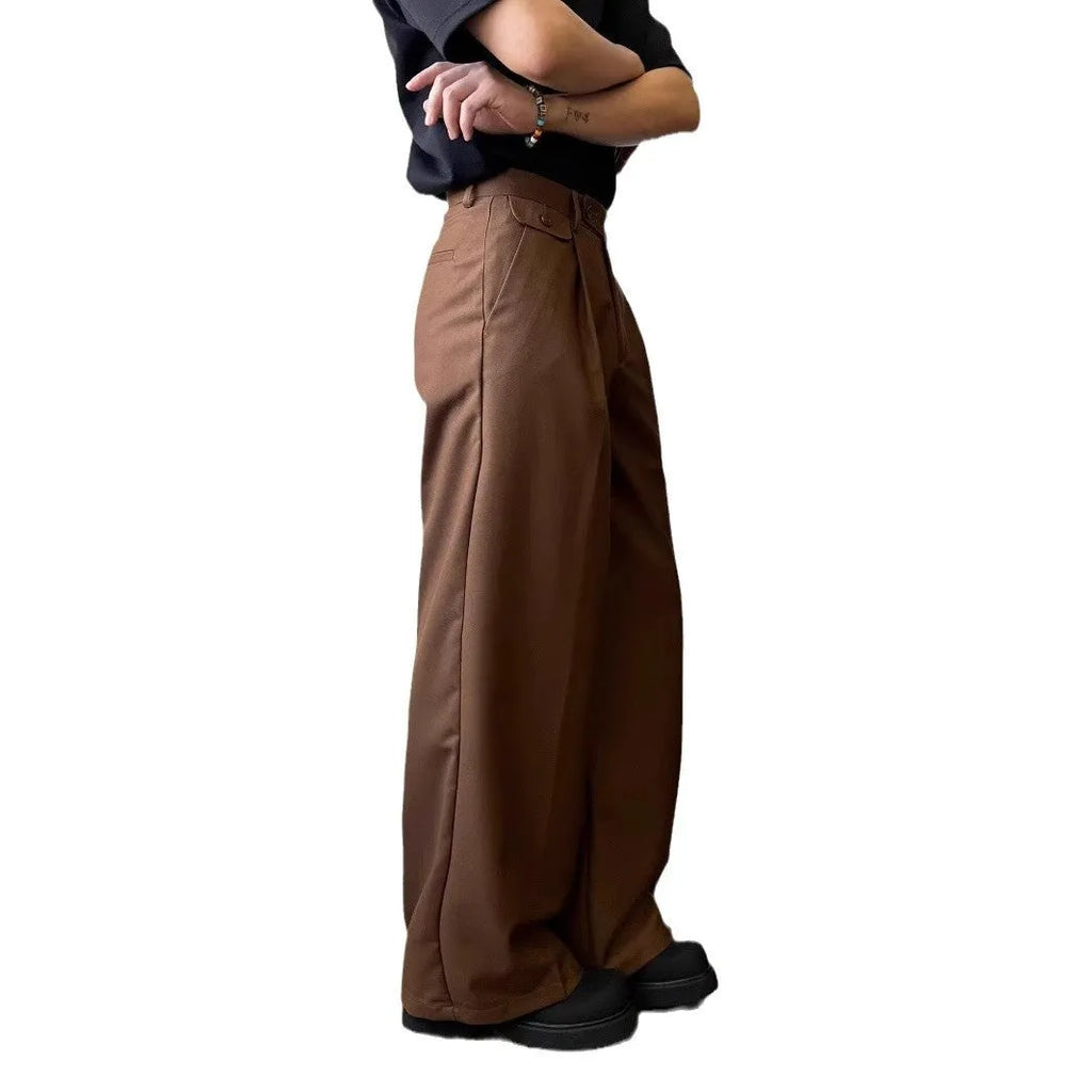Men's brown straight-leg loose wide-leg suit pants made from chemical fibre blend polyester fabric