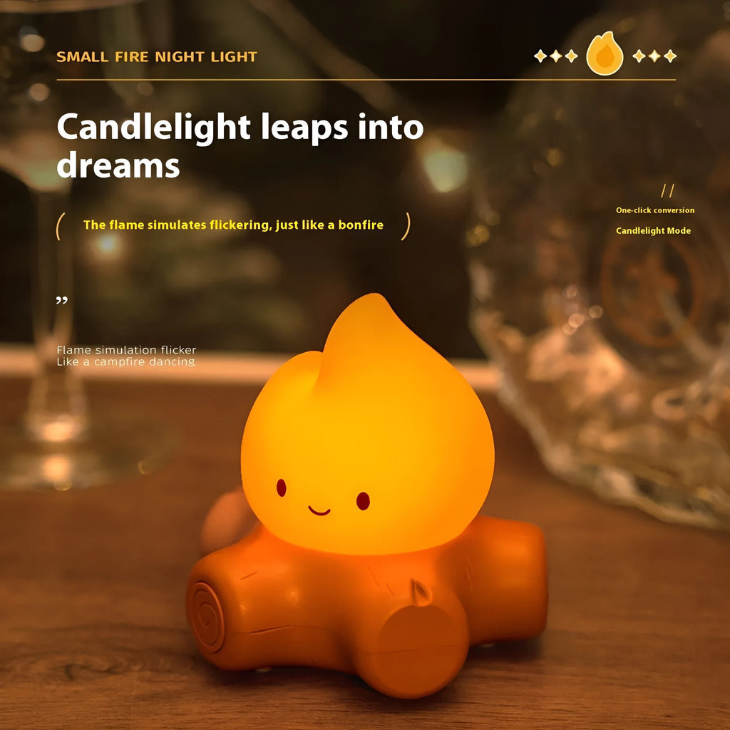 Small silicone fire pile cartoon night lamp with yellow light, showing compact design and ABS shade.