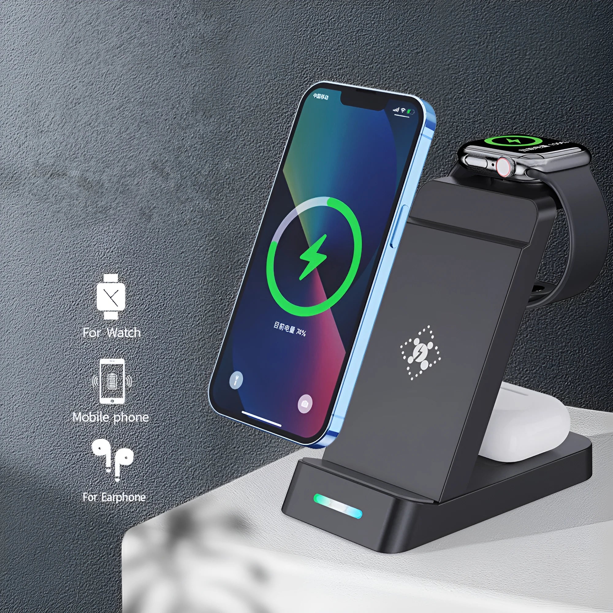 Black and white 3-in-1 wireless desktop charger with foldable phone stand, showing charging spots for a phone, AirPods, and an Apple Watch.