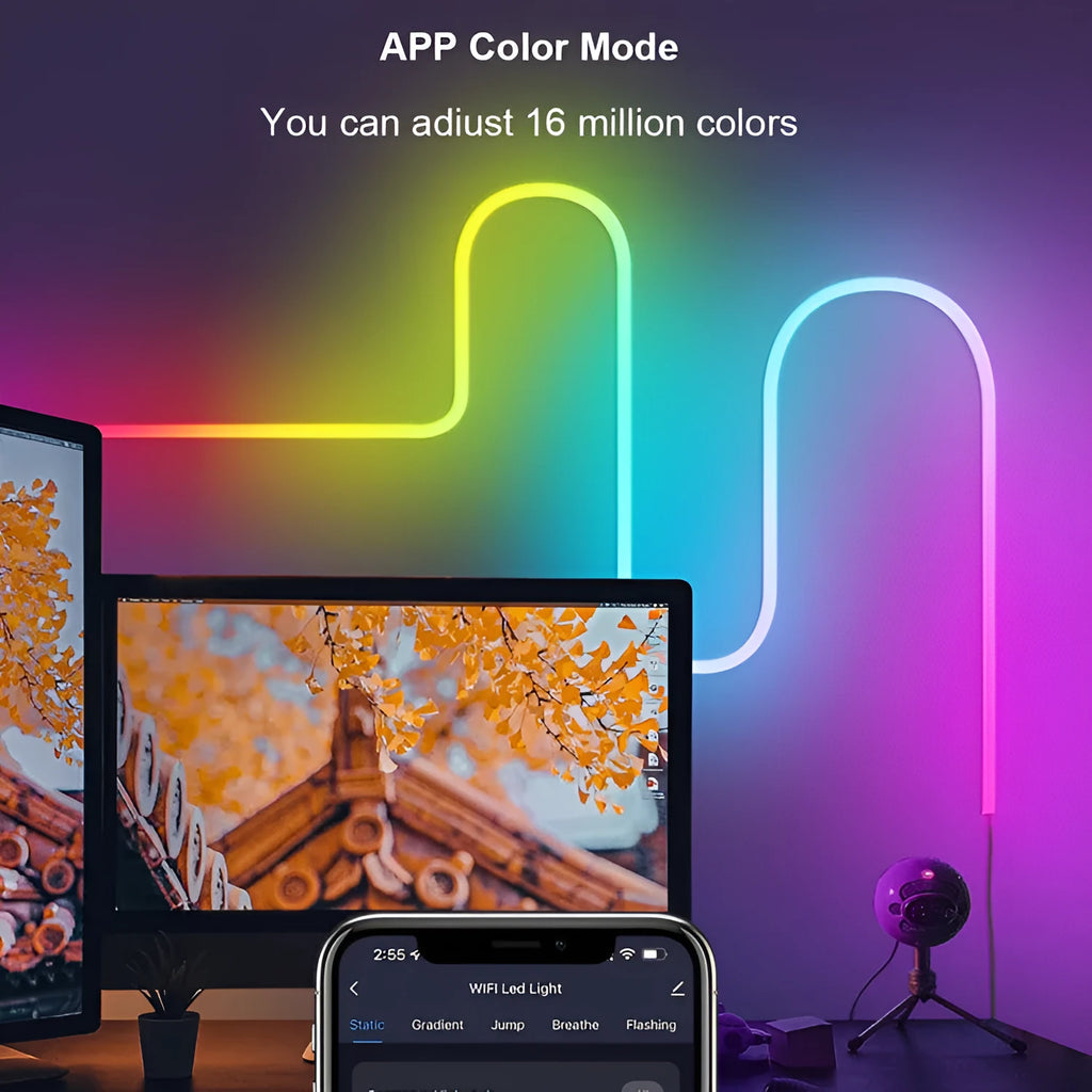 3 metre long flexible RGB LED neon light strip with remote control on a white background.