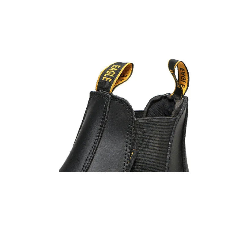 Black leather high-top safety work shoes with anti-piercing protection feature