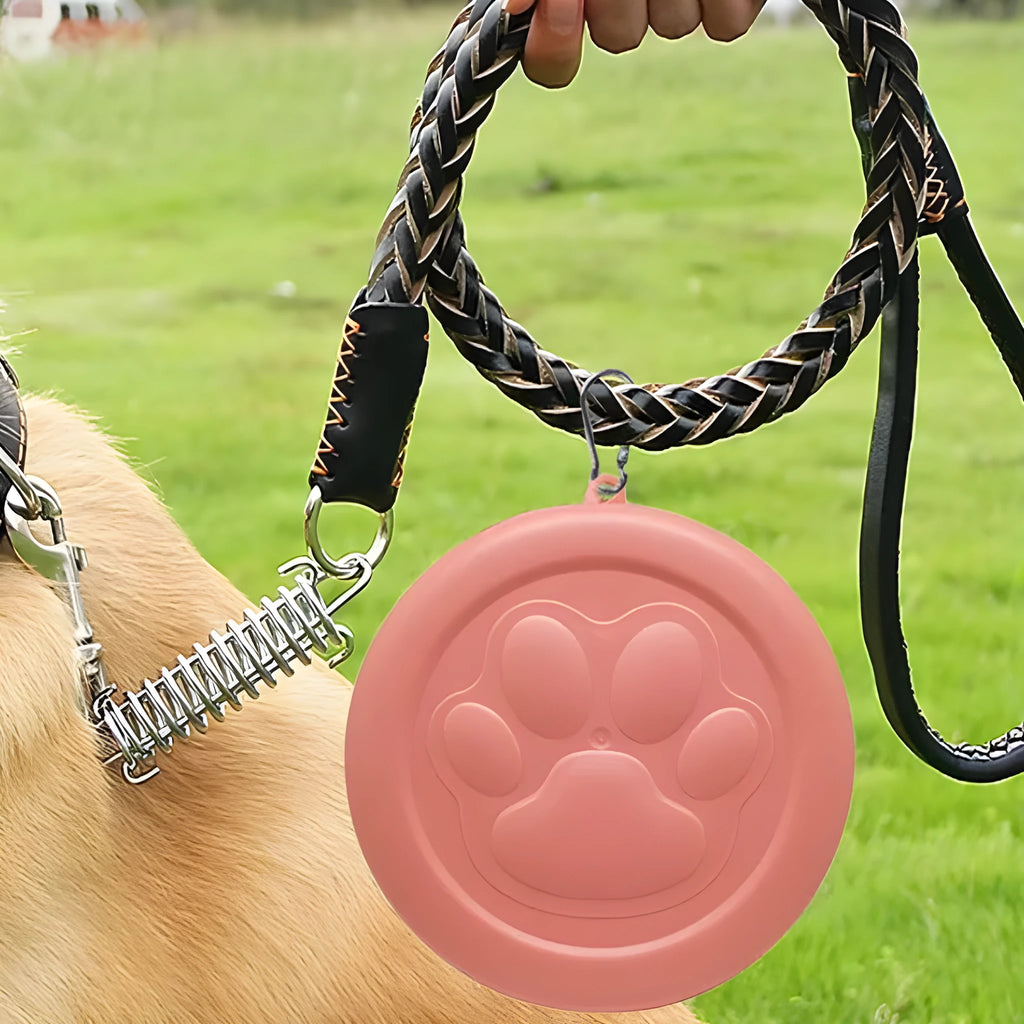 Portable outdoor dog feeding bowl shown in light pink and green colour options.