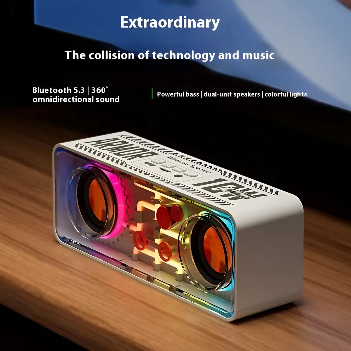 Double speaker transparent mech wireless Bluetooth speaker V5.3 with dual 40mm drivers and 1500mAh battery