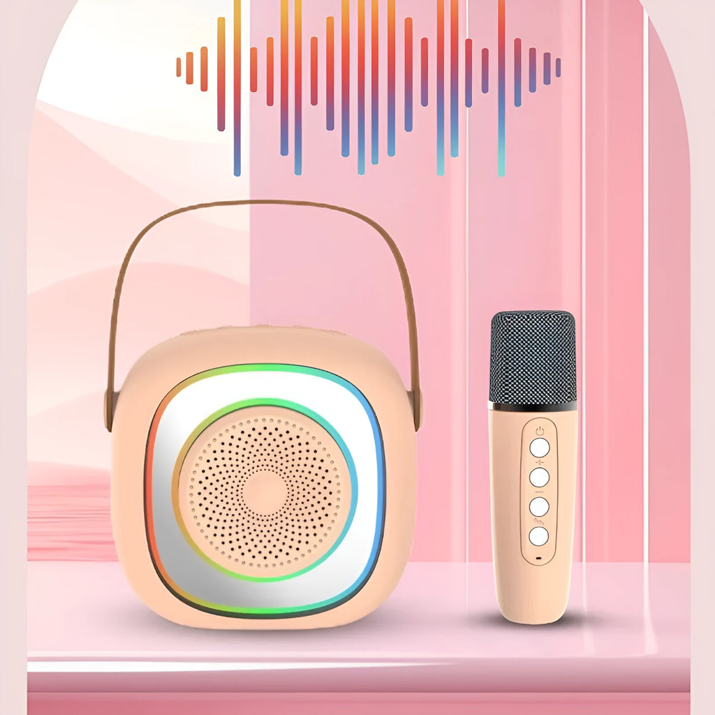 Wireless karaoke microphone in black and wheat colours with LED lights and USB charging cable