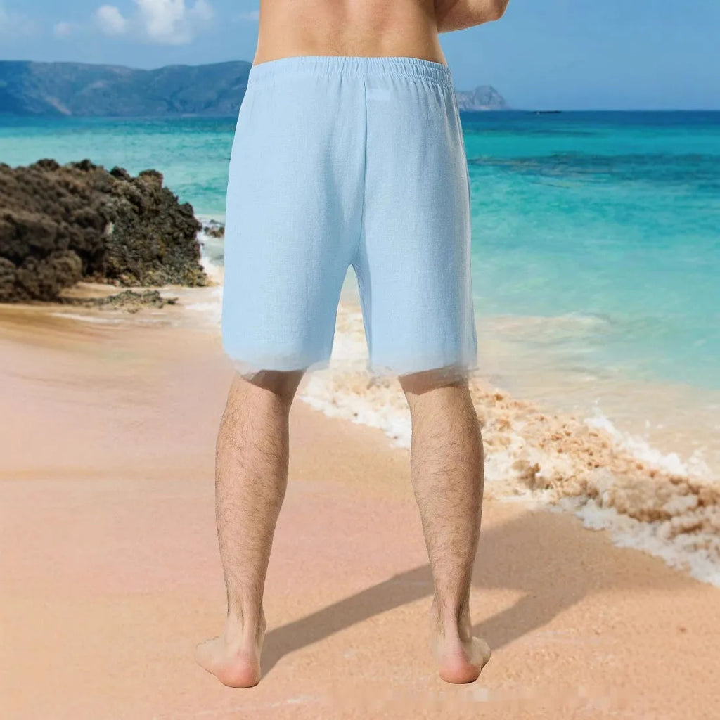 Men's blue casual shorts with digital colour block pattern and lace-up waist detail