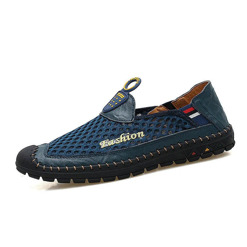 Men's brown casual mesh shoes with round toe and non-slip rubber sole.