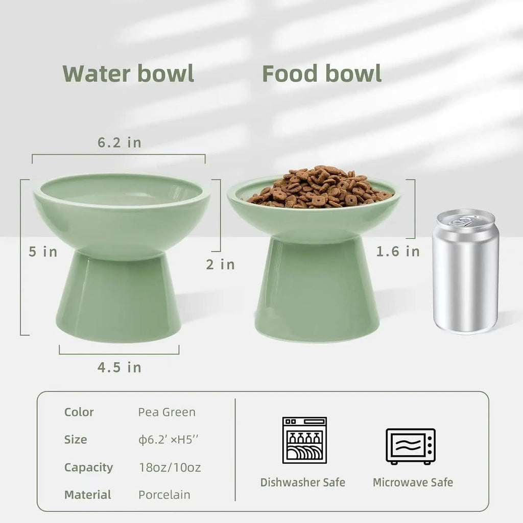 A wide, shallow ceramic cat bowl in an elevated stand, shown in blue, green, pink, or white.