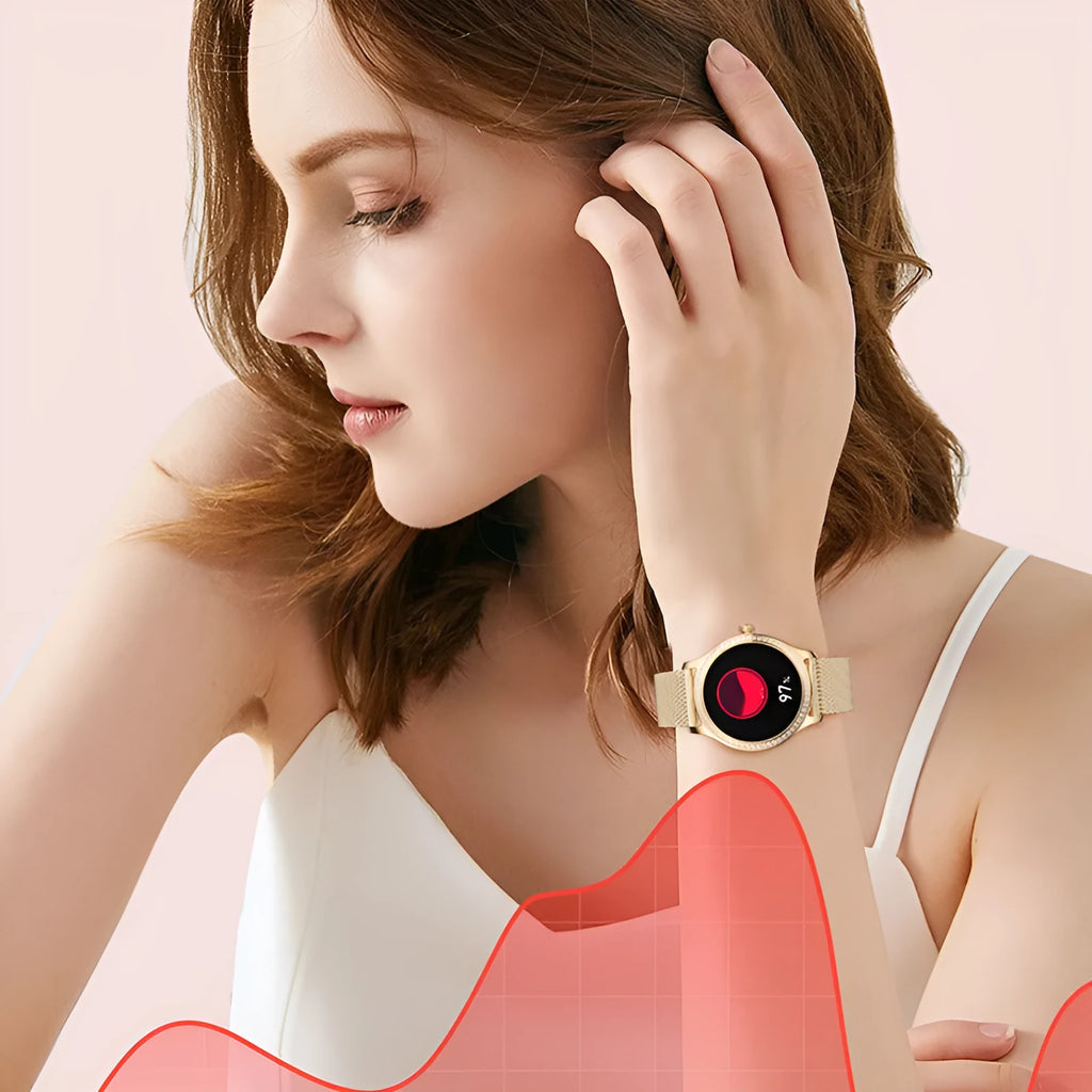 Women's gold Milanese steel band smart watch with Bluetooth calling and health monitoring display on screen