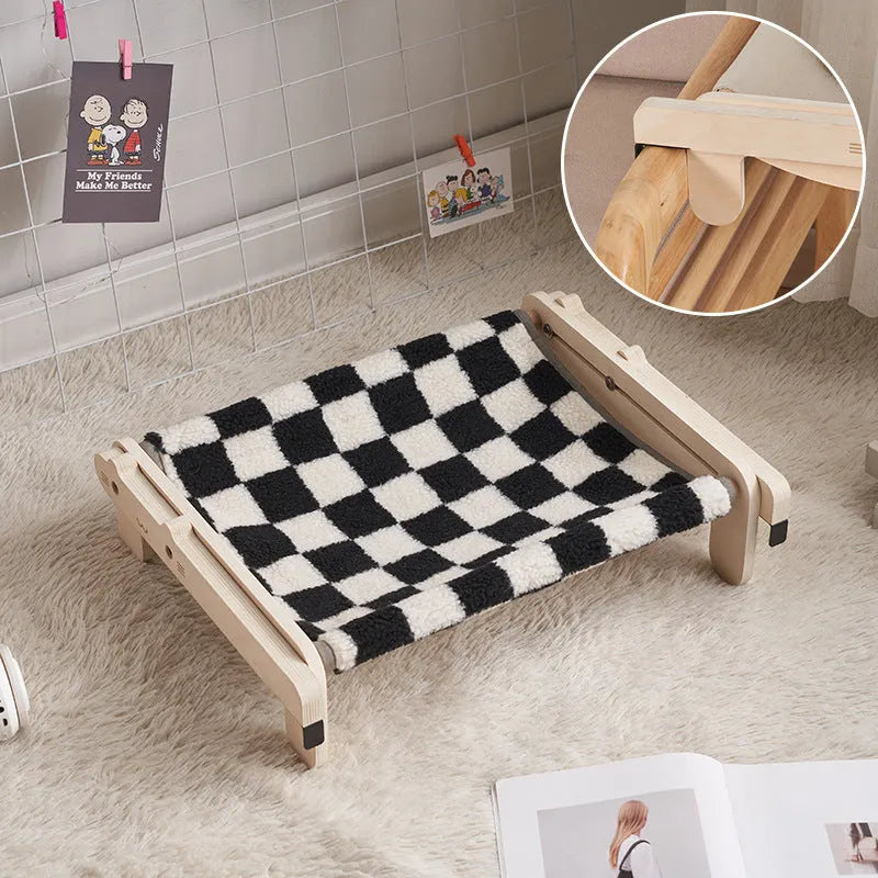 Solid wooden pet bed with removable fabric mat in grey blue colour option