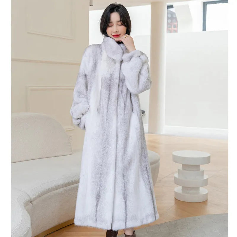 White women's faux fur coat with a stand-up collar and regular sleeves