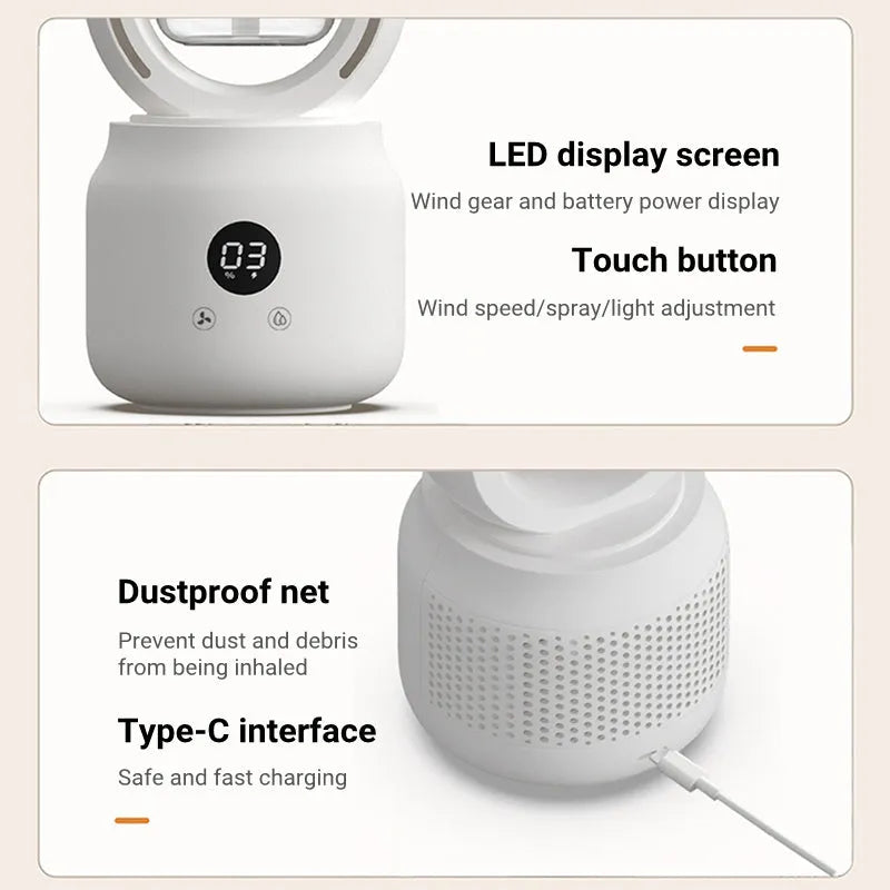 White bladeless USB rechargeable table fan with water tank and digital controls on a desk