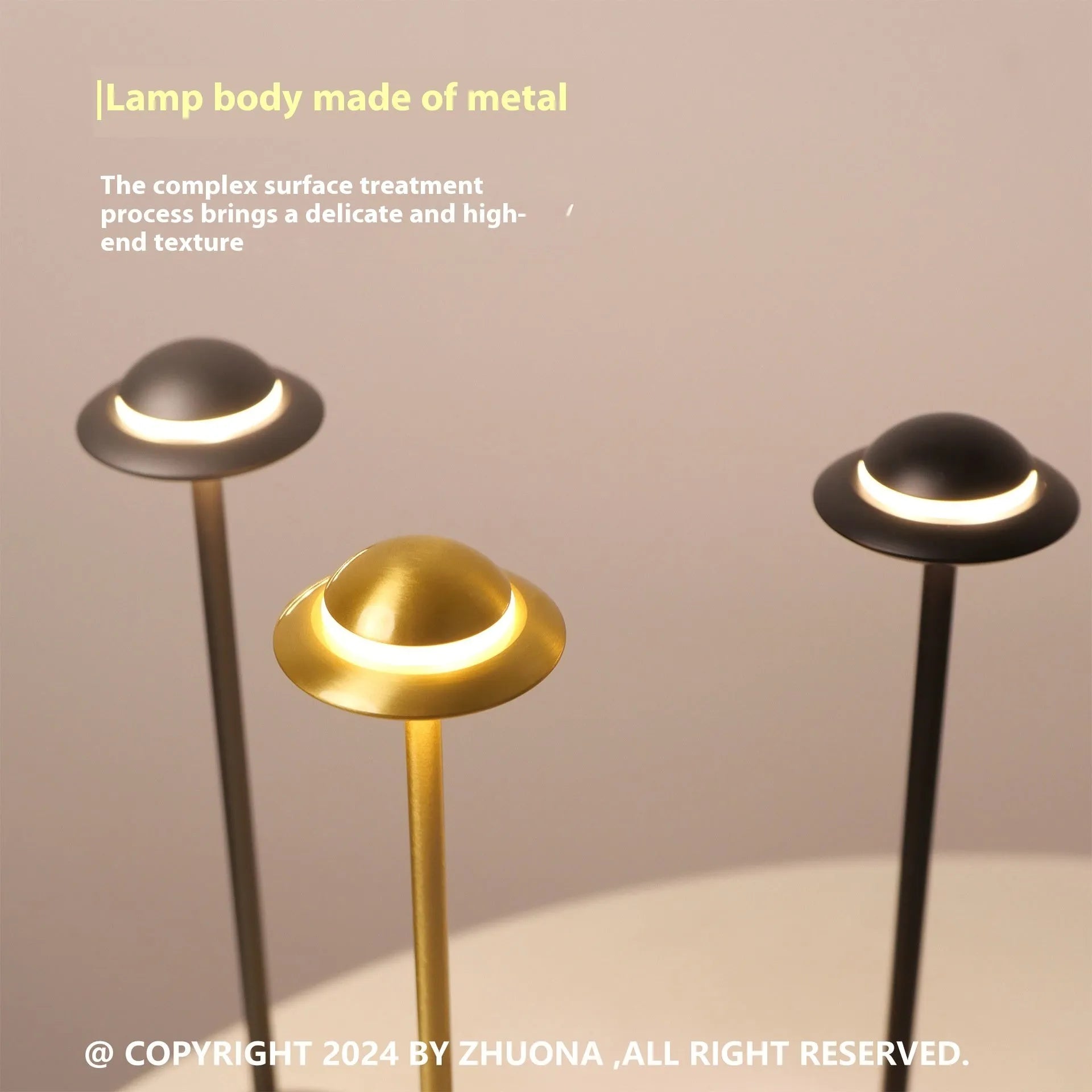 Metallic UFO-shaped rechargeable desk lamp with touch base in black, gold, or grey colour.