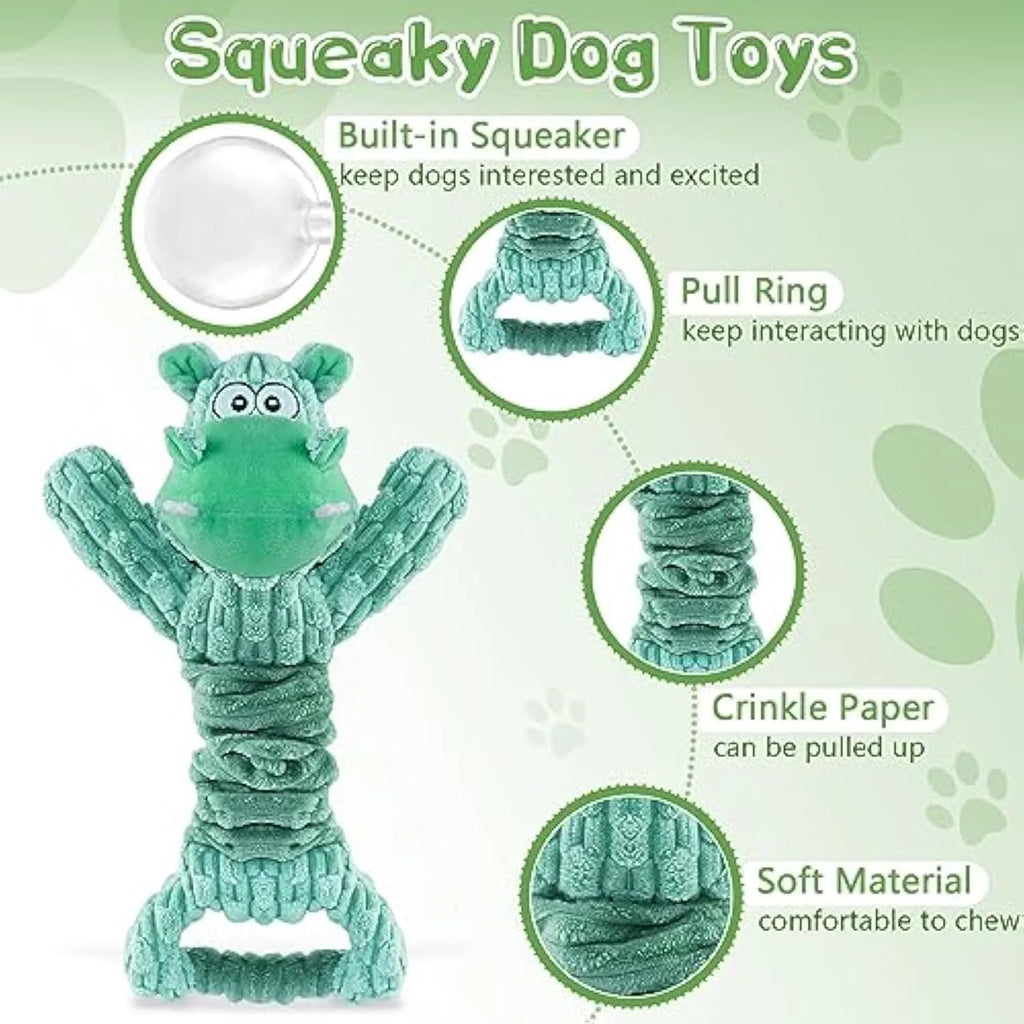Large plush squeaky dog toy with a handle, shown in a Hippo design, for tug of war and indoor play.