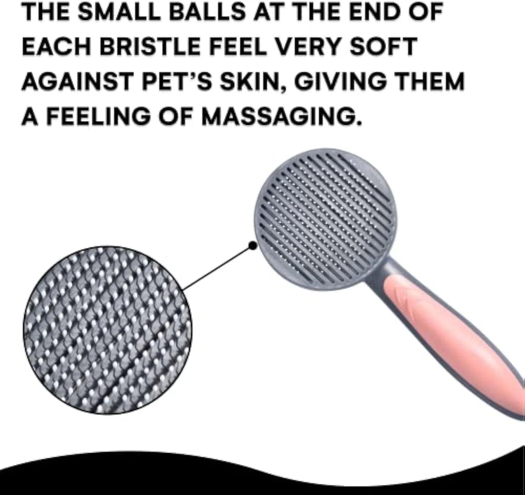 Grey self-cleaning slicker brush for cats and dogs with massaging bristle tips on a non-slip handle.