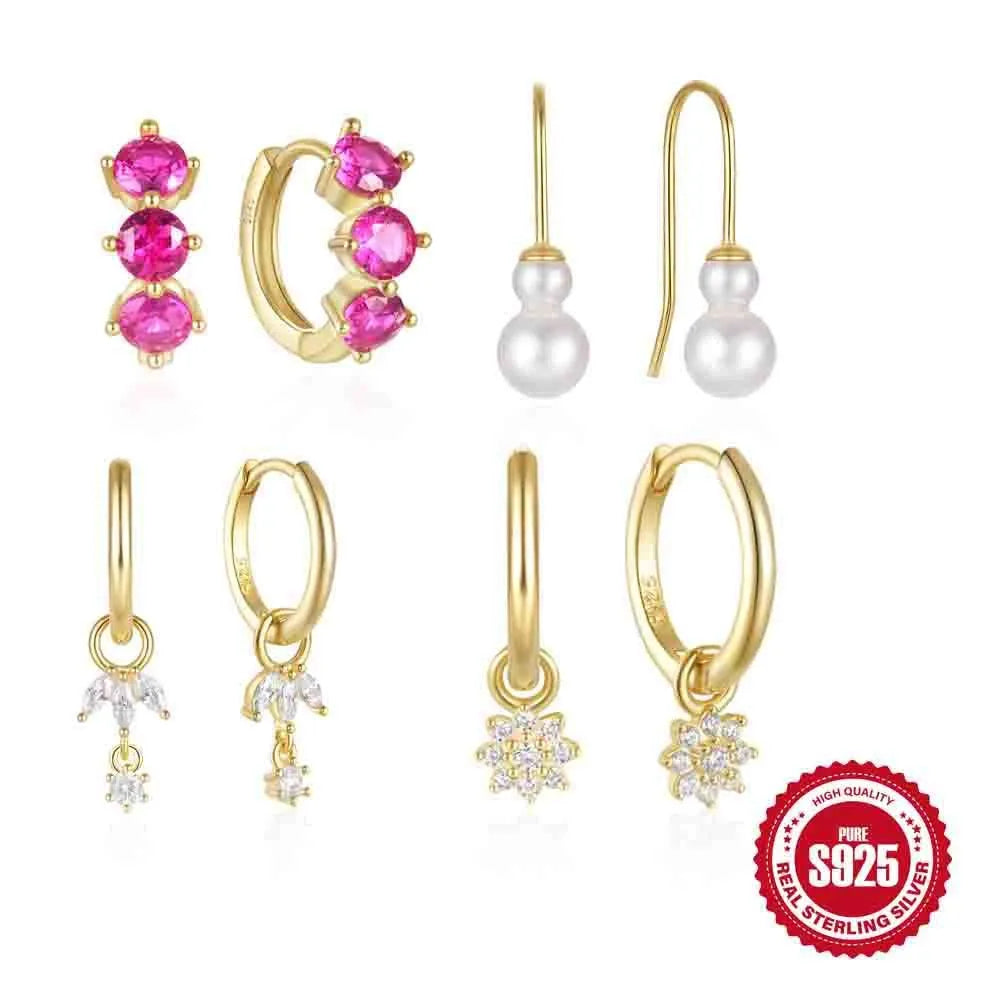 A pair of S925 sterling silver geometric sunflower earrings with inlaid golden-three diamonds zircon stones.