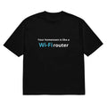 Men's black loose fit t-shirt with a colourful cartoon digital print on the front.