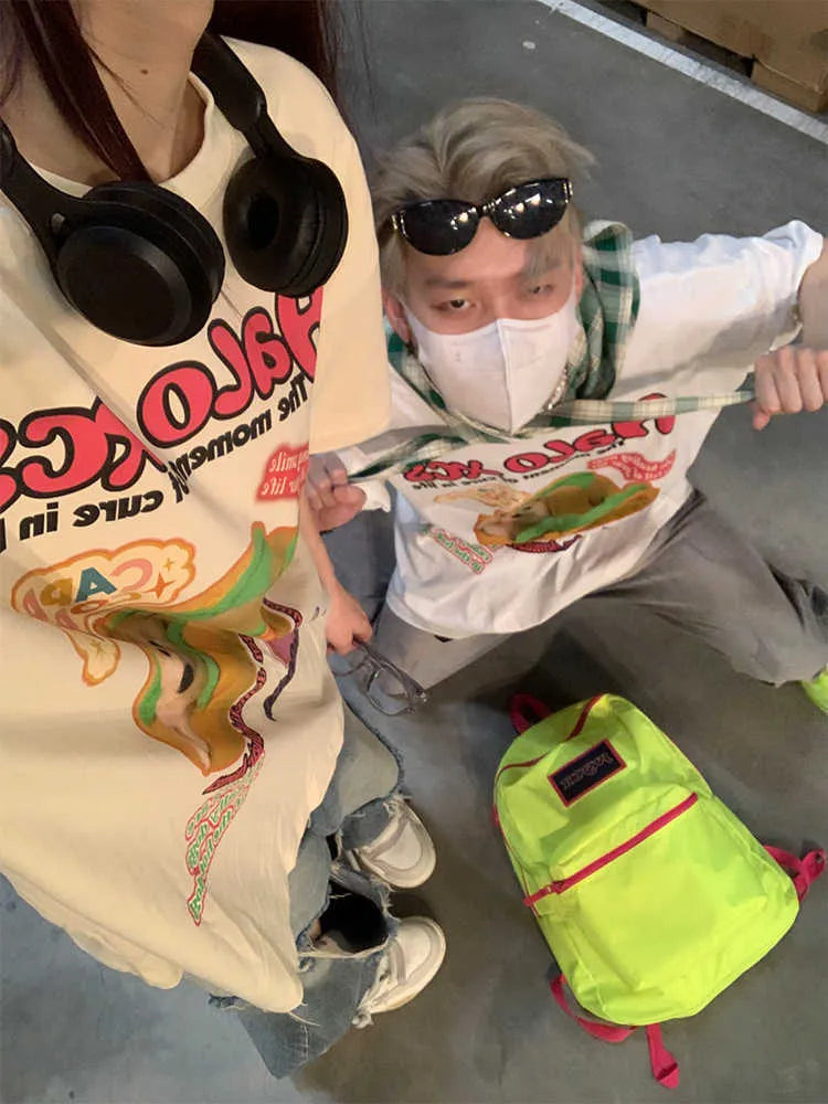 Cartoon hamburger dog printed loose fit cotton T-shirt in white, apricot, or sky blue.