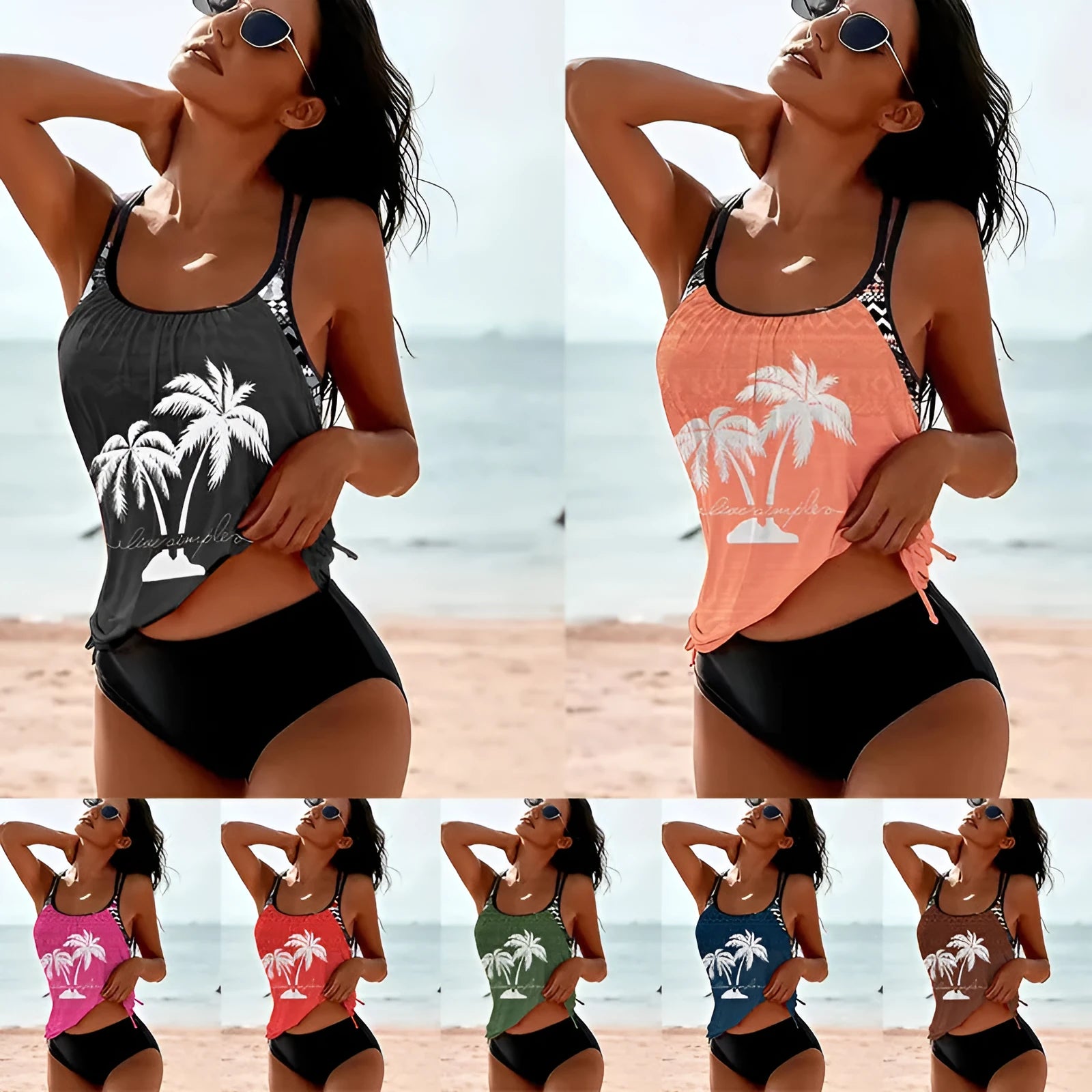 Women's loose fit split bikini briefs in multiple colours on a size chart background.
