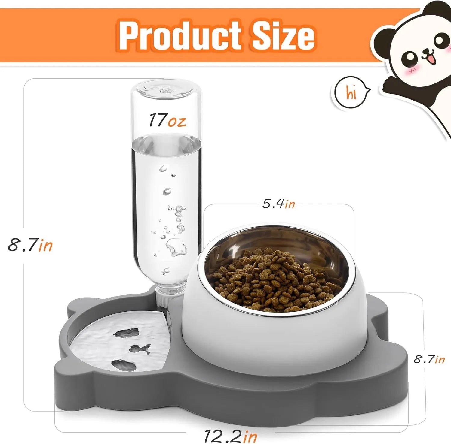 Grey and green panda-shaped pet feeder set with automatic water bottle and tilted food bowl