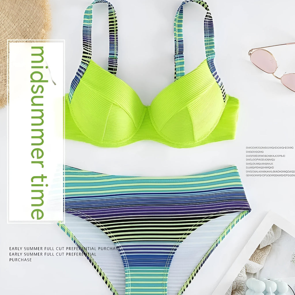 Green printed halter neck bikini set for women, showing top and briefs.