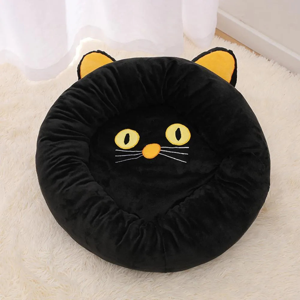 Black cat shaped velvet pet nest bed with raised edges for feline head and neck support