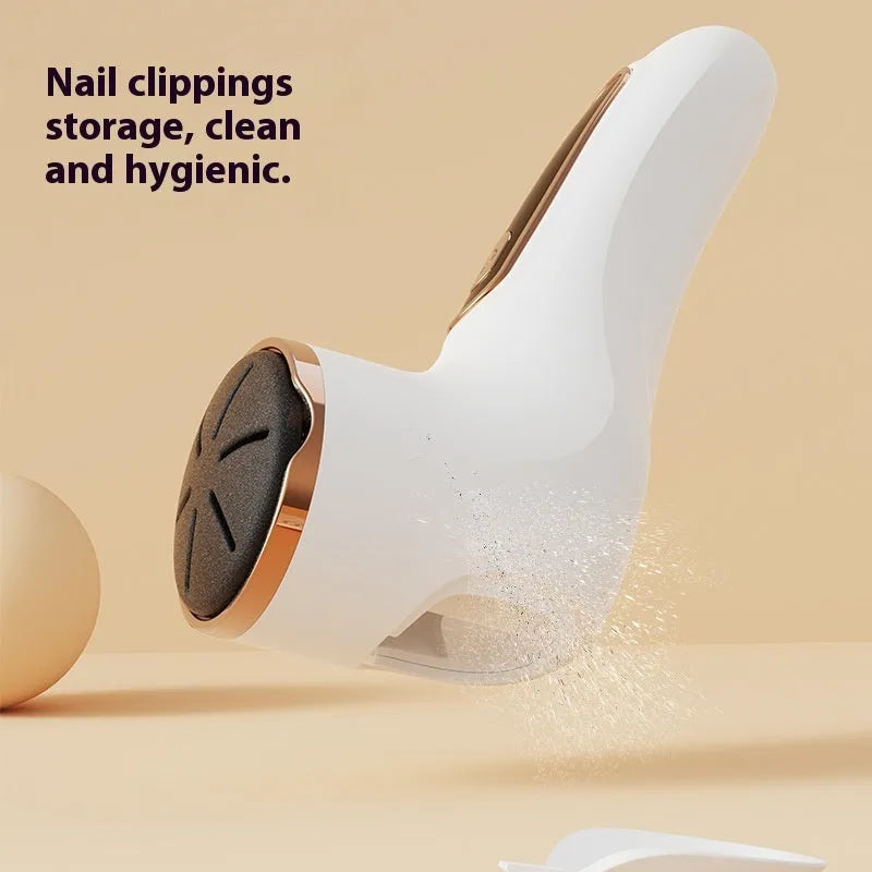 Electric foot grinder in ivory white with oval pumice stone head and USB charging port