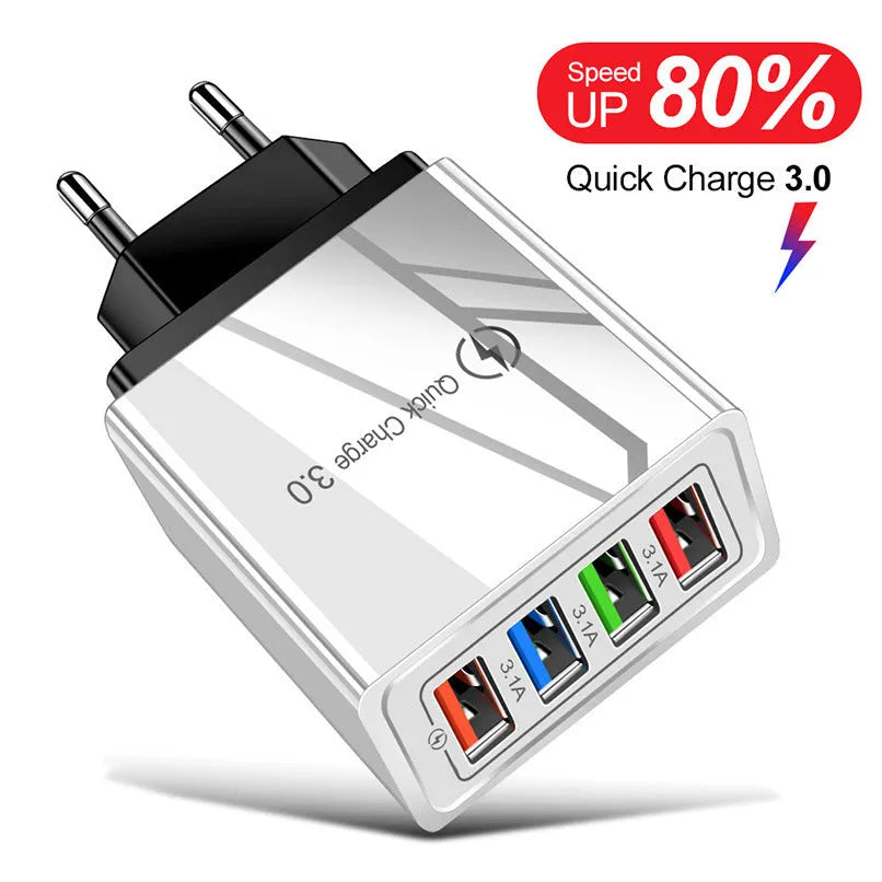 Black and white multi-port USB wall charger with luminous light indicator and UK three-pin plug
