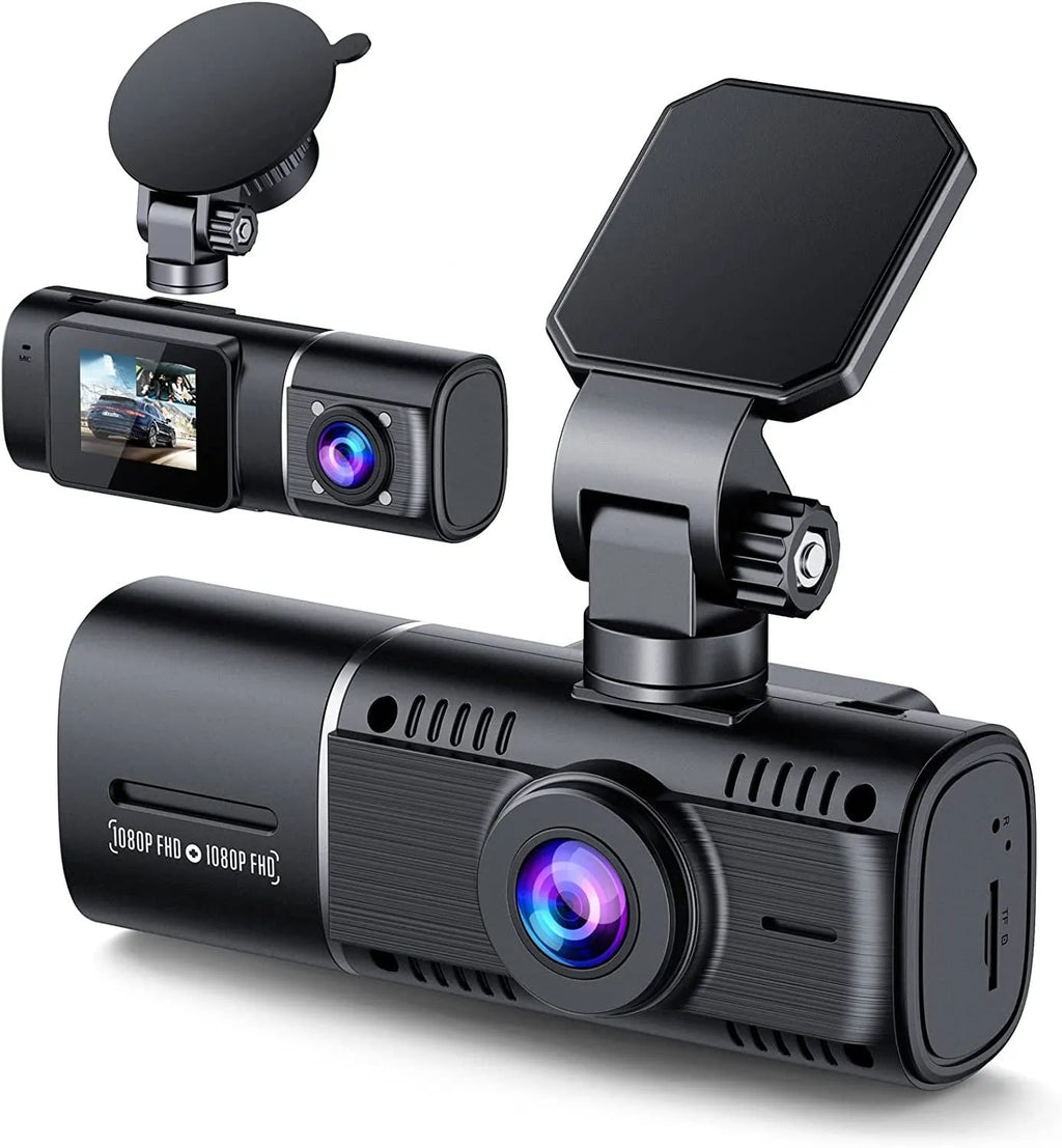Black car dashcam on stand with 1.5-inch screen for front and rear recording.