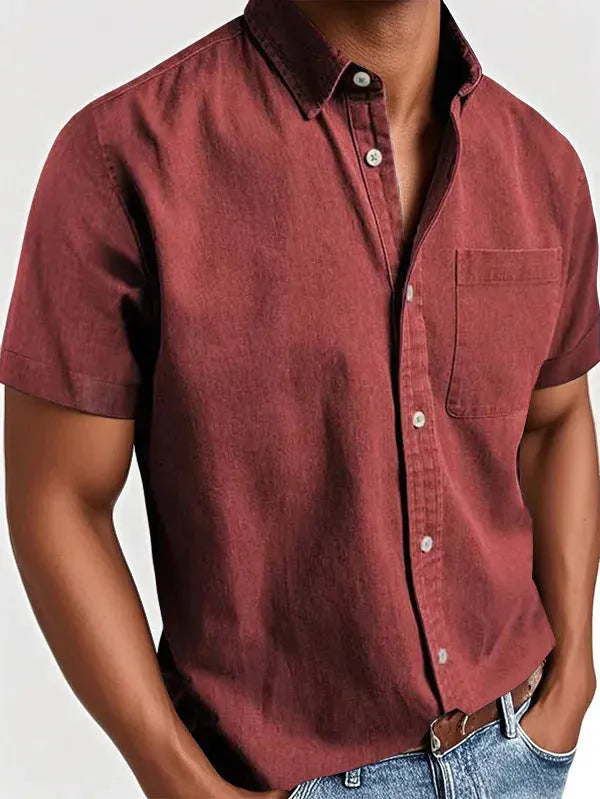Men's solid colour short-sleeve shirt with a polo collar and a single chest pocket.