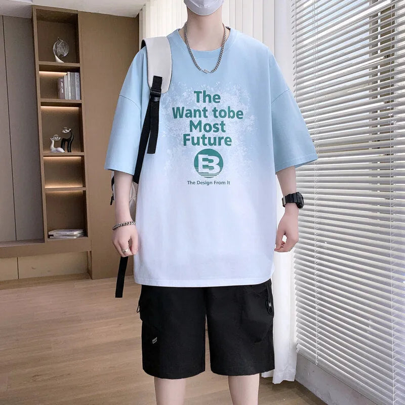 Boys youth popularity printed cotton t-shirt with jacquard letter graphics in dark blue colour