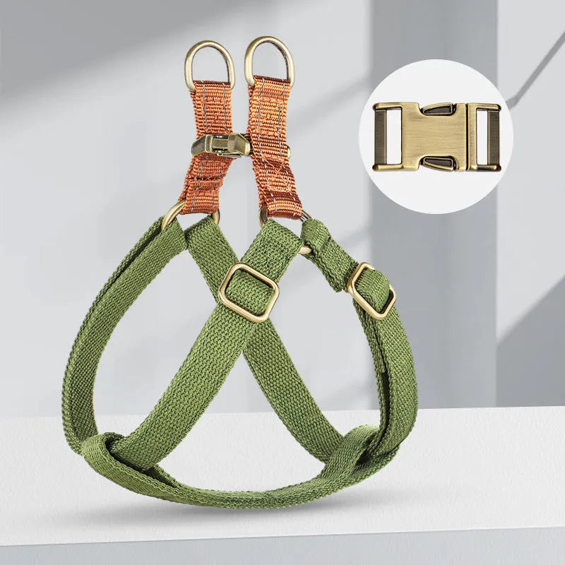 Brown vest style dog leash with nylon harness and cotton handle shown on medium sized dog