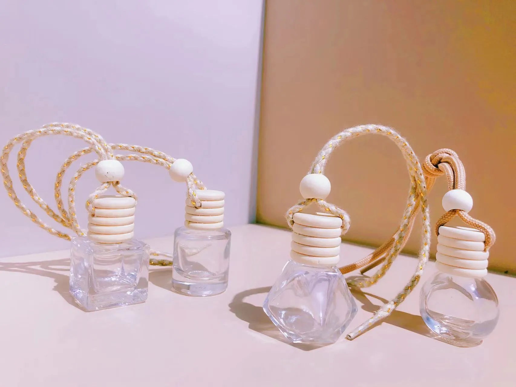 Glass bottle car perfume pendant in cylinder, diamond, flat drum, and square styles with 8ml or 6ml capacity