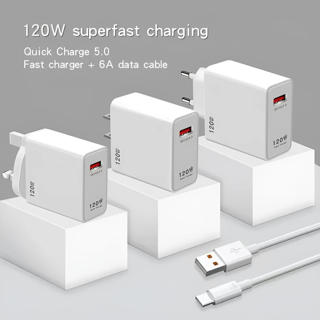 White 120W USB fast charging head with QC5.0 technology and included data cable