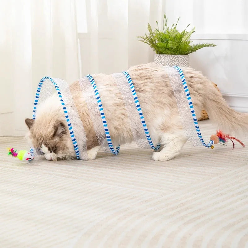 Blue and yellow cat toy set showing a long teasing stick with feather and a collapsible fabric tunnel.