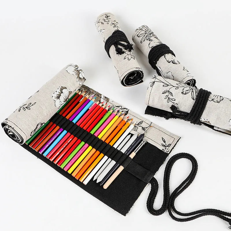 Black Peony printed canvas pencil roll bag open to show 72 holes for pens and pencils