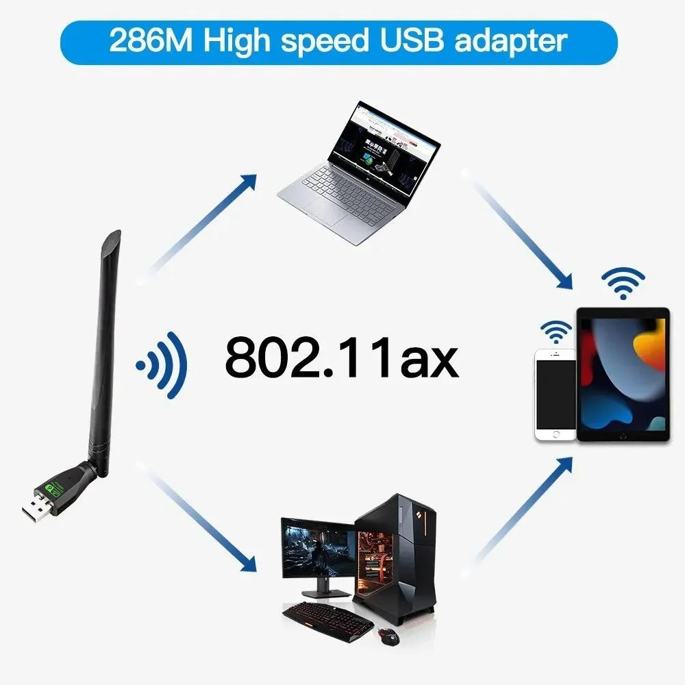 Black WiFi6 wireless network card with USB connector for driver-free computer connectivity