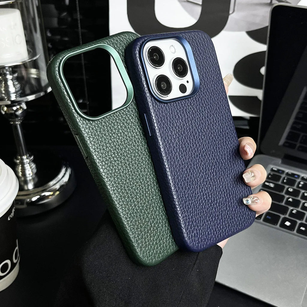Plain leather magnetic phone case with lychee pattern in Dark Green for iPhone